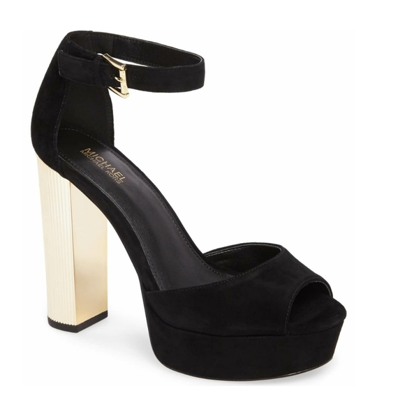 ๐ MICHAEL KORS Paloma Suede Platform Sandals Peep-Toe Black Gold - Picture 3 of 8